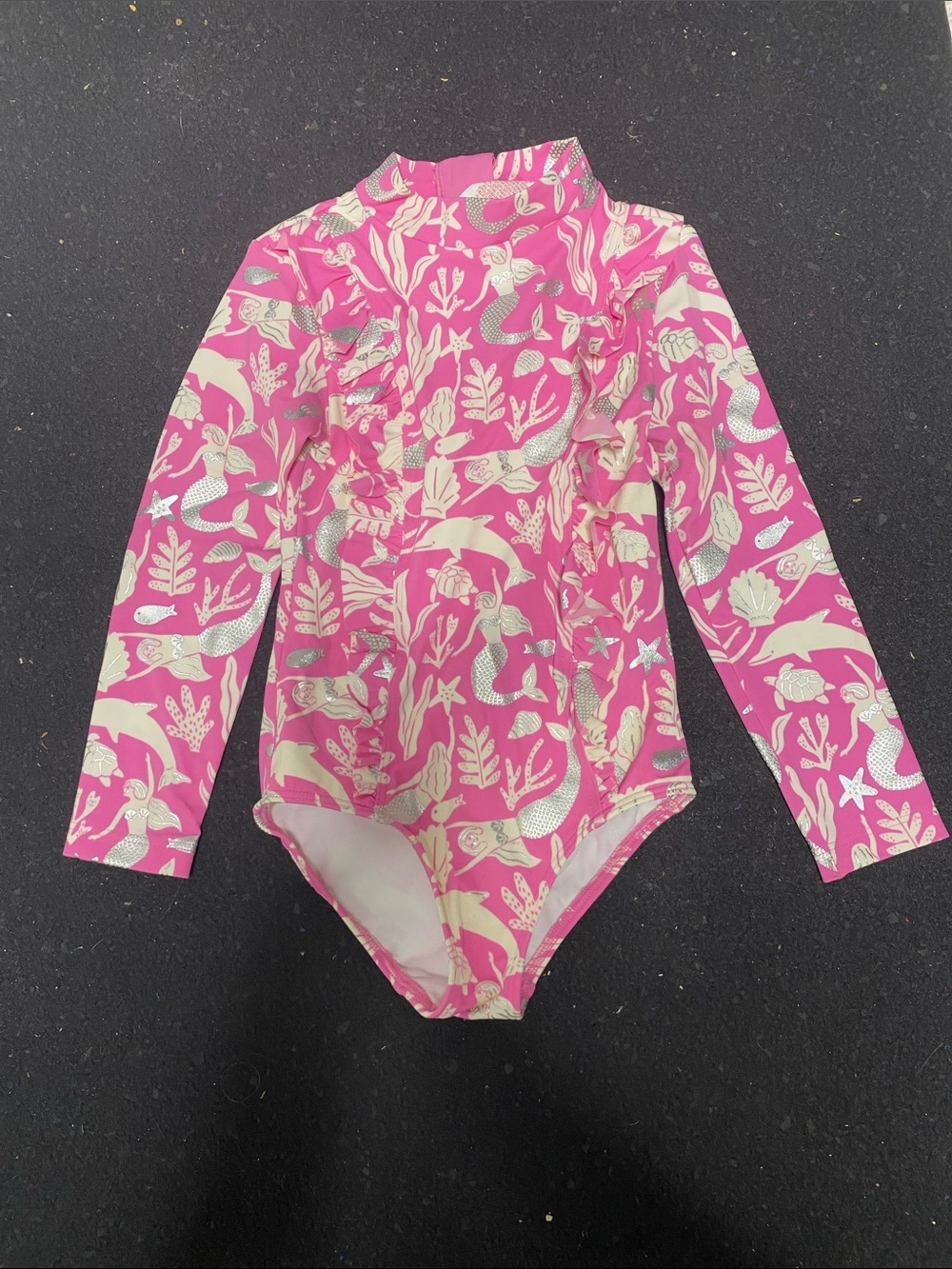 Boden Pink Metallic Mermaid Ruffle Long-Sleeve Rashguard